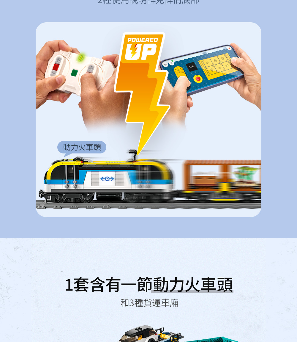 動力火車頭POWEREDUP1套含有一節動力火車頭和3種貨運車廂